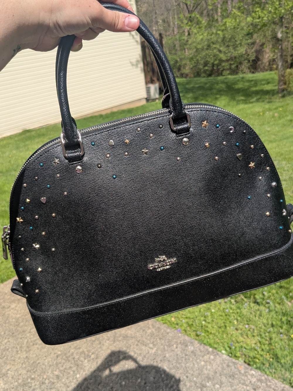 Coach Sierra Black Satchel with Mixed Metallic and Teal Stud Accents